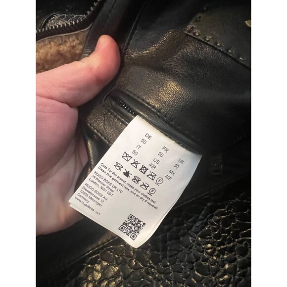 HUGO BOSS Mens Black Textured Leather Shearling Collar Aviator Jacket NWT - Picture 12 of 12